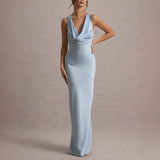 BLANCA™ | VESTIDO LARGO SATINADO TIRANTES CELESTE