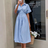 MARTA™ | VESTIDO CAMISERO MIDI AZUL PASTEL