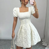 DANIELA™ | VESTIDO CORTO MANGA ABULLONADA AZUL
