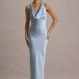 BLANCA™ | VESTIDO LARGO SATINADO TIRANTES CELESTE